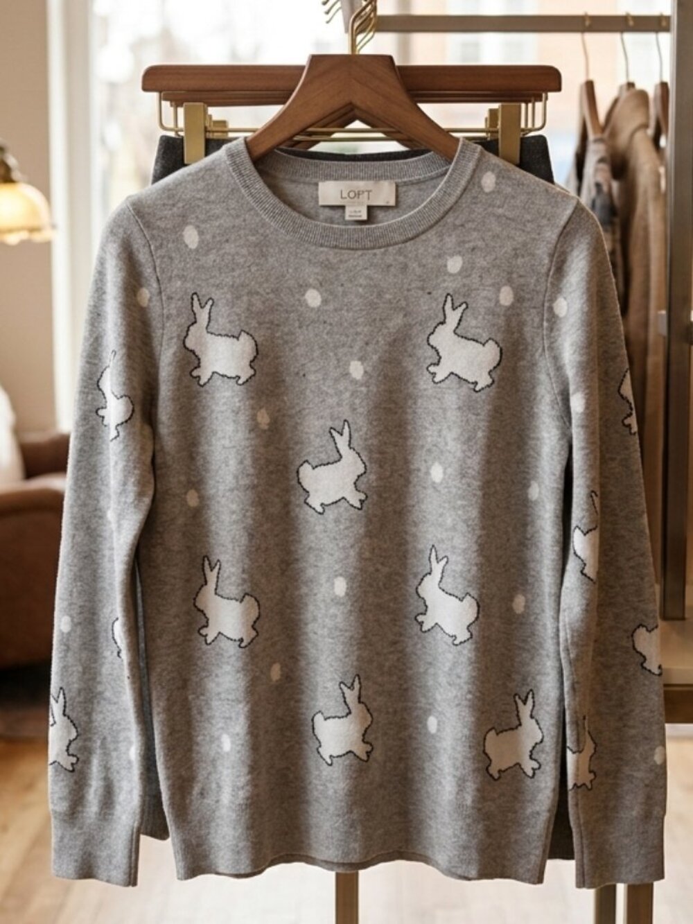 LOFT Grey Bunny Sweater Cotton Crewneck Polka Dot Knit Size Large